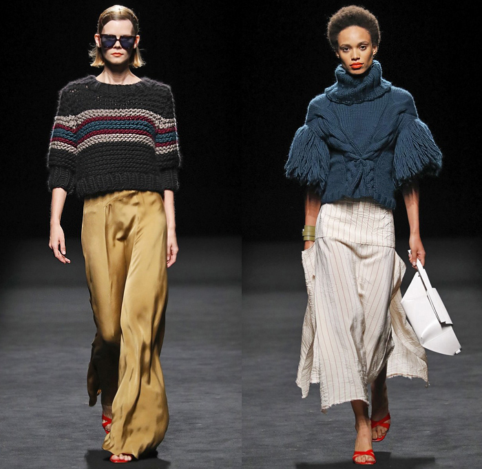 Juanjo Oliva 2020 Spring Summer Womens Runway Catwalk Looks Collection - Mercedes-Benz Fashion Week Madrid Spain – Coat Noodle Strap Skirt Panel Pinstripe Stripes Silk Satin One Shoulder Dress Turtleneck Shirtdress Mullet High-Low Asymmetrical Hem Hanging Sleeve Cape Blouse Cap Sleeve Tabard Knit Crochet Fringes Wide Leg Pants Culottes Plaid Check Lanyard Visor Boots Handbag