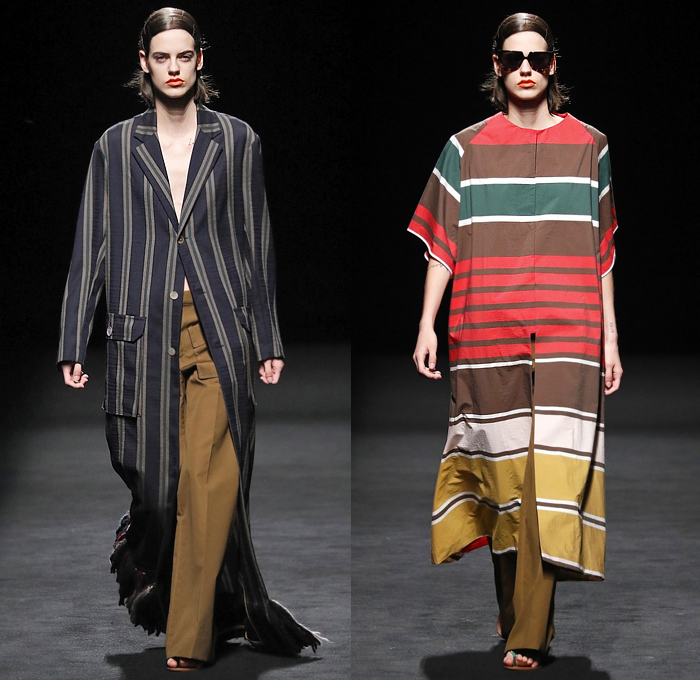 Juanjo Oliva 2020 Spring Summer Womens Runway Catwalk Looks Collection - Mercedes-Benz Fashion Week Madrid Spain – Coat Noodle Strap Skirt Panel Pinstripe Stripes Silk Satin One Shoulder Dress Turtleneck Shirtdress Mullet High-Low Asymmetrical Hem Hanging Sleeve Cape Blouse Cap Sleeve Tabard Knit Crochet Fringes Wide Leg Pants Culottes Plaid Check Lanyard Visor Boots Handbag