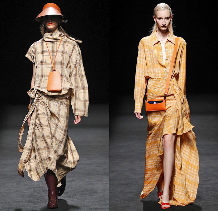 Juanjo Oliva 2020 Spring Summer Womens Runway Catwalk Looks Collection - Mercedes-Benz Fashion Week Madrid Spain – Coat Noodle Strap Skirt Panel Pinstripe Stripes Silk Satin One Shoulder Dress Turtleneck Shirtdress Mullet High-Low Asymmetrical Hem Hanging Sleeve Cape Blouse Cap Sleeve Tabard Knit Crochet Fringes Wide Leg Pants Culottes Plaid Check Lanyard Visor Boots Handbag