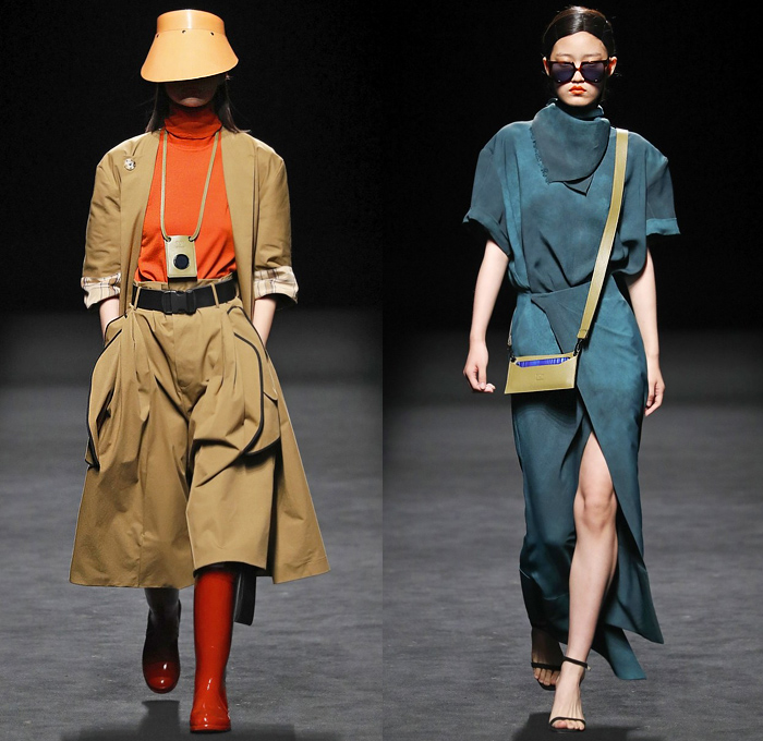 Juanjo Oliva 2020 Spring Summer Womens Runway Catwalk Looks Collection - Mercedes-Benz Fashion Week Madrid Spain – Coat Noodle Strap Skirt Panel Pinstripe Stripes Silk Satin One Shoulder Dress Turtleneck Shirtdress Mullet High-Low Asymmetrical Hem Hanging Sleeve Cape Blouse Cap Sleeve Tabard Knit Crochet Fringes Wide Leg Pants Culottes Plaid Check Lanyard Visor Boots Handbag