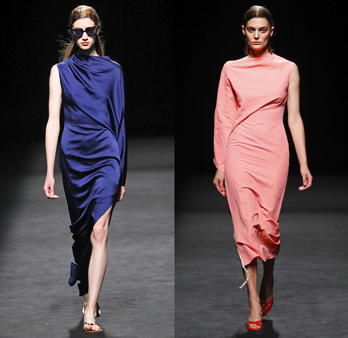 Juanjo Oliva 2020 Spring Summer Womens Runway Catwalk Looks Collection - Mercedes-Benz Fashion Week Madrid Spain – Coat Noodle Strap Skirt Panel Pinstripe Stripes Silk Satin One Shoulder Dress Turtleneck Shirtdress Mullet High-Low Asymmetrical Hem Hanging Sleeve Cape Blouse Cap Sleeve Tabard Knit Crochet Fringes Wide Leg Pants Culottes Plaid Check Lanyard Visor Boots Handbag