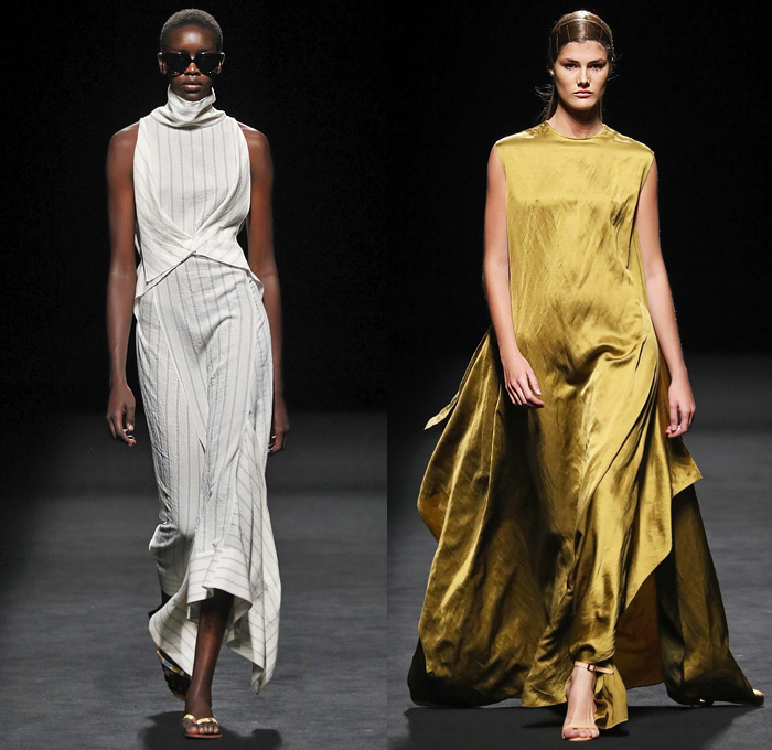 Juanjo Oliva 2020 Spring Summer Womens Runway Catwalk Looks Collection - Mercedes-Benz Fashion Week Madrid Spain – Coat Noodle Strap Skirt Panel Pinstripe Stripes Silk Satin One Shoulder Dress Turtleneck Shirtdress Mullet High-Low Asymmetrical Hem Hanging Sleeve Cape Blouse Cap Sleeve Tabard Knit Crochet Fringes Wide Leg Pants Culottes Plaid Check Lanyard Visor Boots Handbag