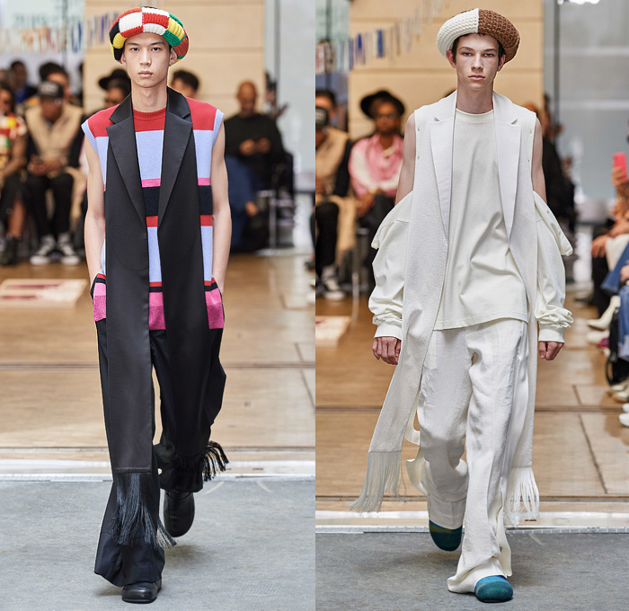 JW Anderson 2020 Spring Summer Mens Runway Looks Collection Paris Fashion Week Homme France FHCM - Manta Ray Fins Wings Cape Headband Knit Crochet Threads Cardigan Vest Trench Coat Drawings Knights Horses Hanging Sleeve Sweatshirt Lapelscarf Fringes Stripes Check Patchwork Decorative Art Long Sleeve Shirt Wide Leg Pants Loungewear Culottes Gold Tote Cap Bag Slippers Loafers 