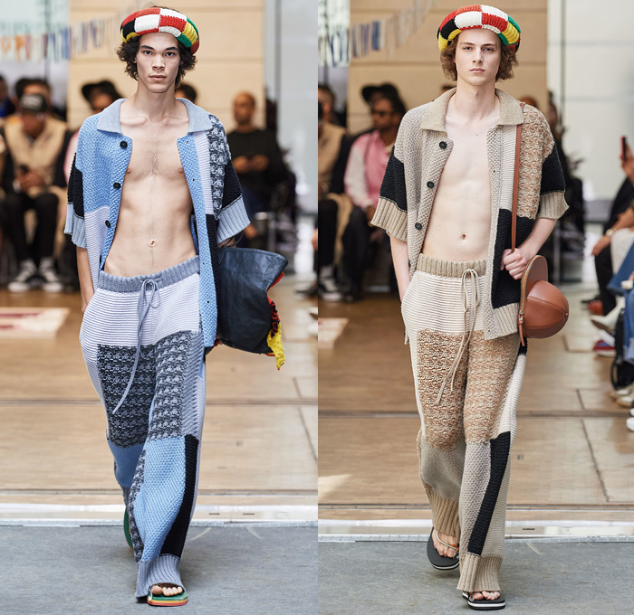 JW Anderson 2020 Spring Summer Mens Runway Looks Collection Paris Fashion Week Homme France FHCM - Manta Ray Fins Wings Cape Headband Knit Crochet Threads Cardigan Vest Trench Coat Drawings Knights Horses Hanging Sleeve Sweatshirt Lapelscarf Fringes Stripes Check Patchwork Decorative Art Long Sleeve Shirt Wide Leg Pants Loungewear Culottes Gold Tote Cap Bag Slippers Loafers 
