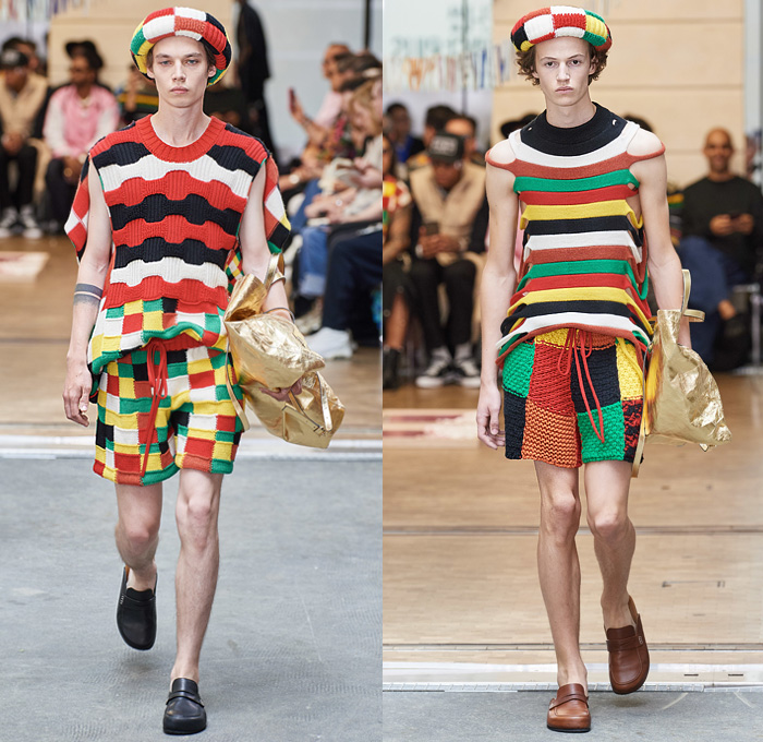 JW Anderson 2020 Spring Summer Mens Runway Looks Collection Paris Fashion Week Homme France FHCM - Manta Ray Fins Wings Cape Headband Knit Crochet Threads Cardigan Vest Trench Coat Drawings Knights Horses Hanging Sleeve Sweatshirt Lapelscarf Fringes Stripes Check Patchwork Decorative Art Long Sleeve Shirt Wide Leg Pants Loungewear Culottes Gold Tote Cap Bag Slippers Loafers 