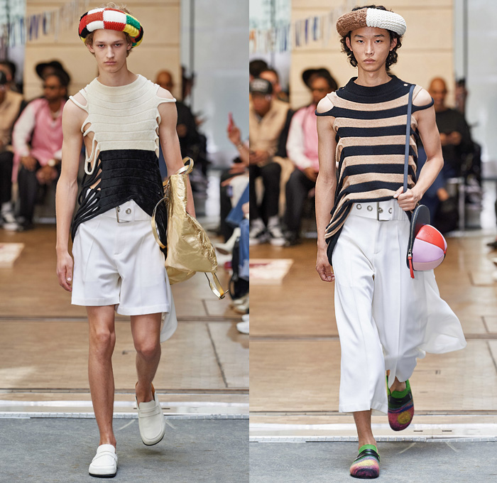 JW Anderson 2020 Spring Summer Mens Runway Looks Collection Paris Fashion Week Homme France FHCM - Manta Ray Fins Wings Cape Headband Knit Crochet Threads Cardigan Vest Trench Coat Drawings Knights Horses Hanging Sleeve Sweatshirt Lapelscarf Fringes Stripes Check Patchwork Decorative Art Long Sleeve Shirt Wide Leg Pants Loungewear Culottes Gold Tote Cap Bag Slippers Loafers 