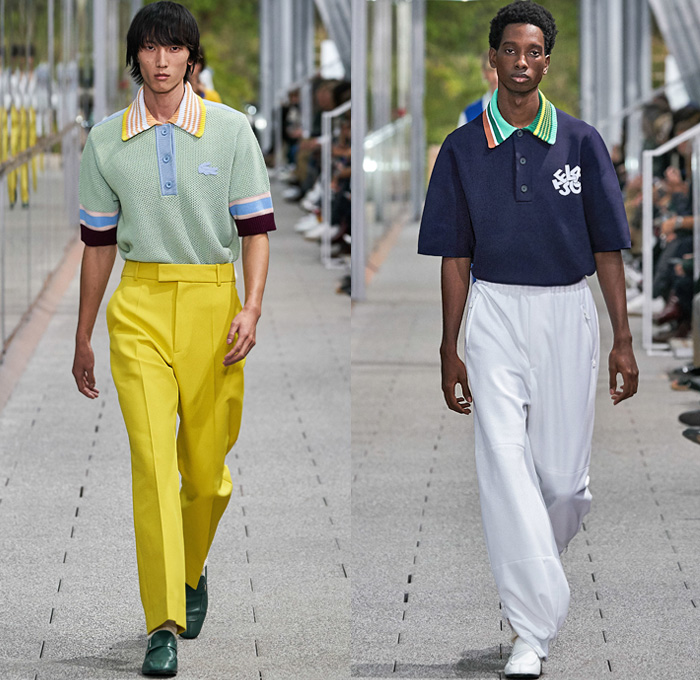 Lacoste 2020 Spring Summer Mens Runway Catwalk Looks Collection - Mode à Paris Fashion Week France - Tennis Court Stripes Slouchy Sporty Knit Mesh Polo Shirt Color Block Long Sleeve Stripes Logo Track Jacket Polished Leather Drawstring Loungewear Track Pants Jogger Loafers 
