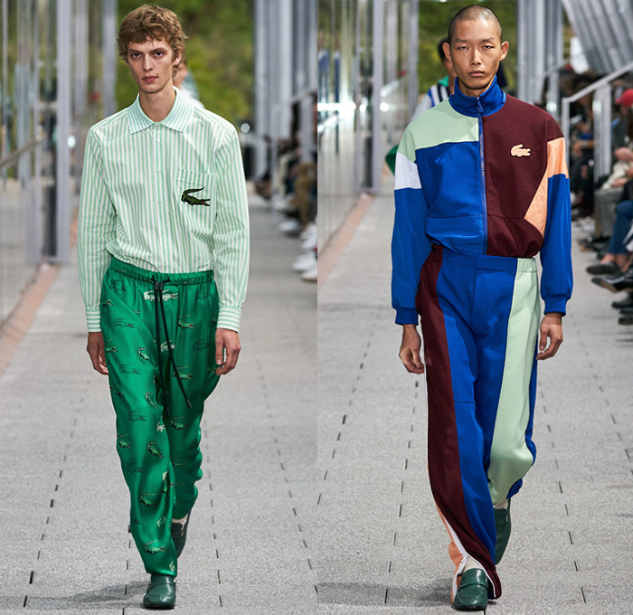 Lacoste 2020 Spring Summer Mens Runway Catwalk Looks Collection - Mode à Paris Fashion Week France - Tennis Court Stripes Slouchy Sporty Knit Mesh Polo Shirt Color Block Long Sleeve Stripes Logo Track Jacket Polished Leather Drawstring Loungewear Track Pants Jogger Loafers 