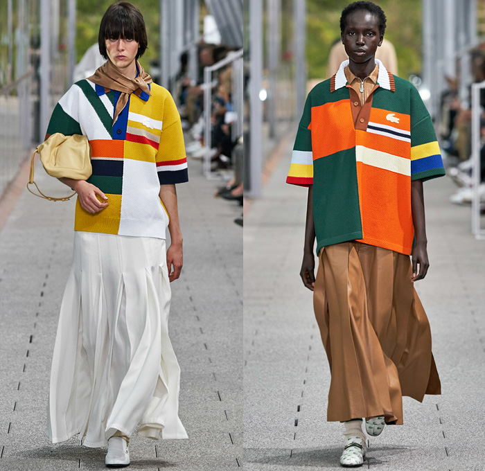 Lacoste 2020 Spring Summer Womens Runway Catwalk Looks Collection - Mode à Paris Fashion Week France - Tennis Court Stripes Slouchy Sporty Neck Scarf Sleeveless Blouse Paper Bag Waist Drawstring Wide Leg Culottes Color Block Knit Mesh Sweater Check Polo Shirt Accordion Pleats Skirt Track Pants Zipper Shirtdress Onesie Cargo Pockets Parkadress Anorakdress Tearaway Snap Buttons Diamond Shape Trench Coat Polished Leather Handbag Tote Loafers Sneakers