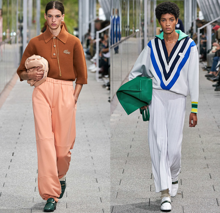 Lacoste 2020 Spring Summer Womens Runway Catwalk Looks Collection - Mode à Paris Fashion Week France - Tennis Court Stripes Slouchy Sporty Neck Scarf Sleeveless Blouse Paper Bag Waist Drawstring Wide Leg Culottes Color Block Knit Mesh Sweater Check Polo Shirt Accordion Pleats Skirt Track Pants Zipper Shirtdress Onesie Cargo Pockets Parkadress Anorakdress Tearaway Snap Buttons Diamond Shape Trench Coat Polished Leather Handbag Tote Loafers Sneakers