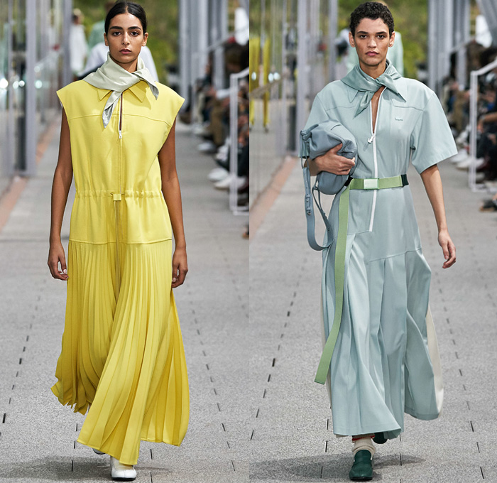 Lacoste 2020 Spring Summer Womens Runway Catwalk Looks Collection - Mode à Paris Fashion Week France - Tennis Court Stripes Slouchy Sporty Neck Scarf Sleeveless Blouse Paper Bag Waist Drawstring Wide Leg Culottes Color Block Knit Mesh Sweater Check Polo Shirt Accordion Pleats Skirt Track Pants Zipper Shirtdress Onesie Cargo Pockets Parkadress Anorakdress Tearaway Snap Buttons Diamond Shape Trench Coat Polished Leather Handbag Tote Loafers Sneakers