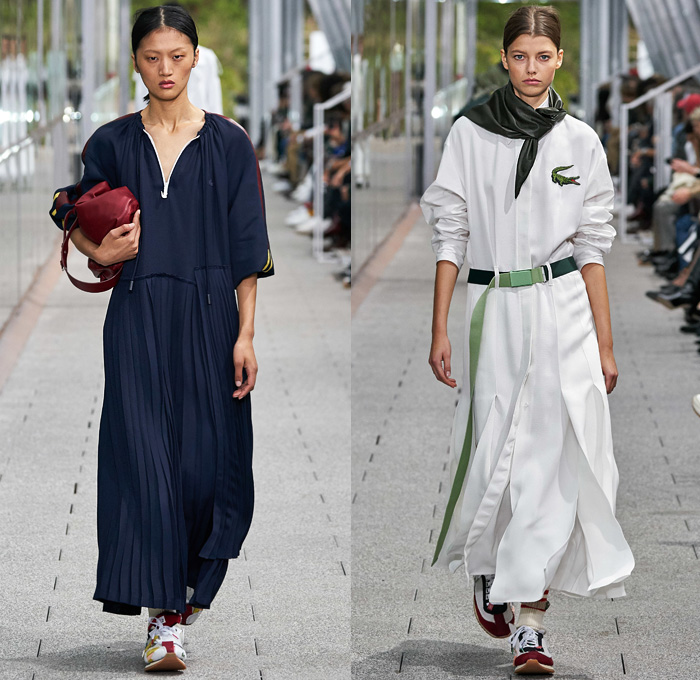 Lacoste 2020 Spring Summer Womens Runway Catwalk Looks Collection - Mode à Paris Fashion Week France - Tennis Court Stripes Slouchy Sporty Neck Scarf Sleeveless Blouse Paper Bag Waist Drawstring Wide Leg Culottes Color Block Knit Mesh Sweater Check Polo Shirt Accordion Pleats Skirt Track Pants Zipper Shirtdress Onesie Cargo Pockets Parkadress Anorakdress Tearaway Snap Buttons Diamond Shape Trench Coat Polished Leather Handbag Tote Loafers Sneakers