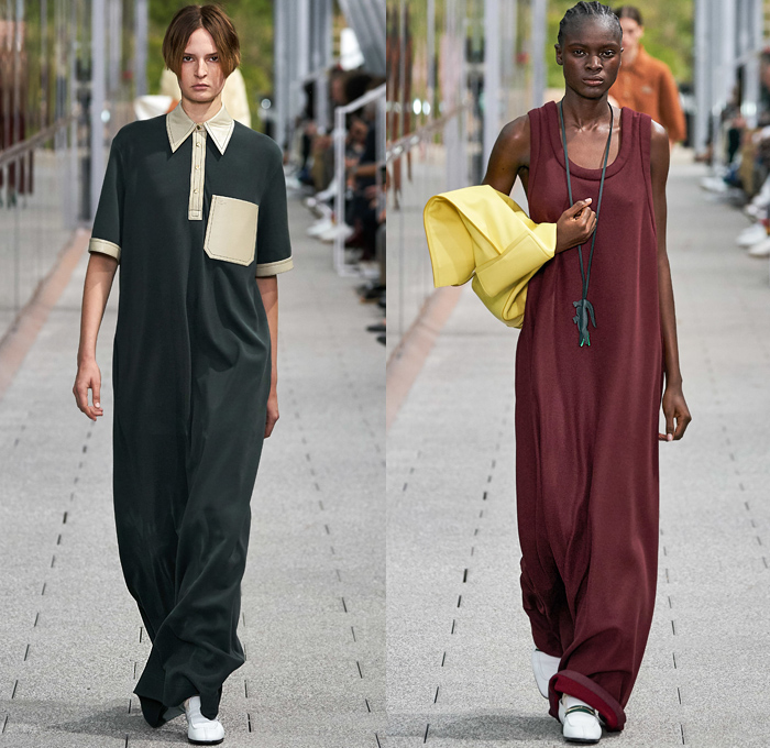 Lacoste 2020 Spring Summer Womens Runway Catwalk Looks Collection - Mode à Paris Fashion Week France - Tennis Court Stripes Slouchy Sporty Neck Scarf Sleeveless Blouse Paper Bag Waist Drawstring Wide Leg Culottes Color Block Knit Mesh Sweater Check Polo Shirt Accordion Pleats Skirt Track Pants Zipper Shirtdress Onesie Cargo Pockets Parkadress Anorakdress Tearaway Snap Buttons Diamond Shape Trench Coat Polished Leather Handbag Tote Loafers Sneakers