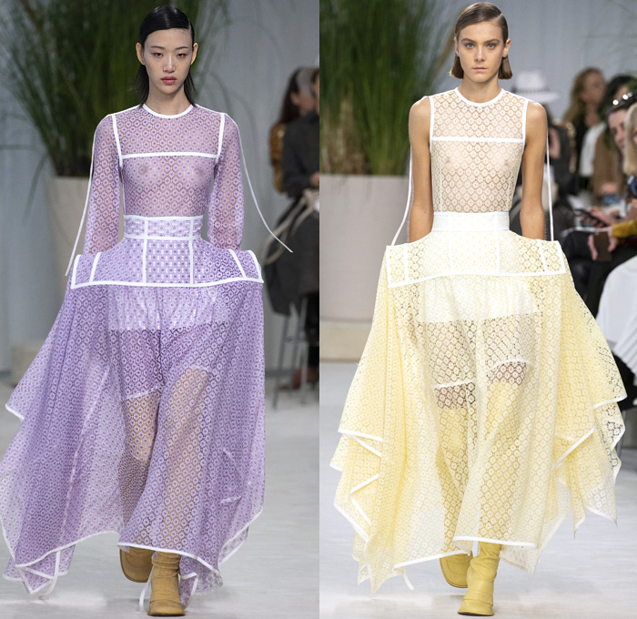 Loewe 2020 Spring Summer Womens Runway Catwalk Looks Collection - Mode à Paris Fashion Week France - Oversized Furisode Poufy Sleeves Cape Pointed Collar Chantilly Guipure Marguerite Lace Embroidery Cutwork Knit Mesh Crochet Sheer Tulle Chiffon Dress Gown Ribbon Victorian Ruffled Neck Trenchdress Robe Stripes Pleats Fringes Flare Wide Leg Pants Trompe L'oeil Flowers Floral Silk Satin Crop Top Midriff Cardigan Blouse Straps Handbag Tote Boots