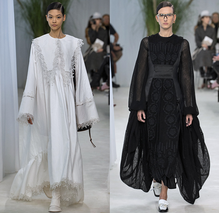 Loewe 2020 Spring Summer Womens Runway Catwalk Looks Collection - Mode à Paris Fashion Week France - Oversized Furisode Poufy Sleeves Cape Pointed Collar Chantilly Guipure Marguerite Lace Embroidery Cutwork Knit Mesh Crochet Sheer Tulle Chiffon Dress Gown Ribbon Victorian Ruffled Neck Trenchdress Robe Stripes Pleats Fringes Flare Wide Leg Pants Trompe L'oeil Flowers Floral Silk Satin Crop Top Midriff Cardigan Blouse Straps Handbag Tote Boots