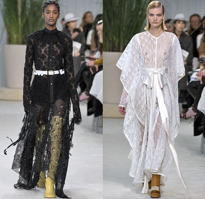 Loewe 2020 Spring Summer Womens Runway Catwalk Looks Collection - Mode à Paris Fashion Week France - Oversized Furisode Poufy Sleeves Cape Pointed Collar Chantilly Guipure Marguerite Lace Embroidery Cutwork Knit Mesh Crochet Sheer Tulle Chiffon Dress Gown Ribbon Victorian Ruffled Neck Trenchdress Robe Stripes Pleats Fringes Flare Wide Leg Pants Trompe L'oeil Flowers Floral Silk Satin Crop Top Midriff Cardigan Blouse Straps Handbag Tote Boots