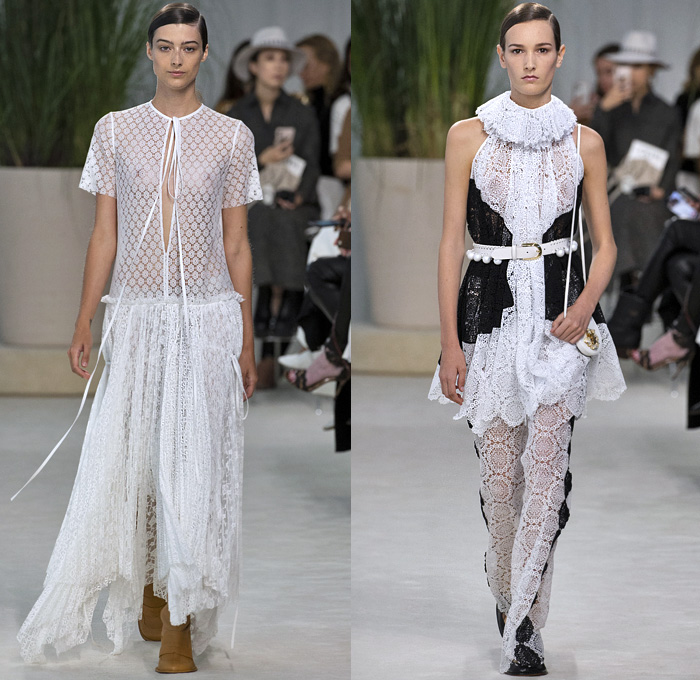 Loewe 2020 Spring Summer Womens Runway Catwalk Looks Collection - Mode à Paris Fashion Week France - Oversized Furisode Poufy Sleeves Cape Pointed Collar Chantilly Guipure Marguerite Lace Embroidery Cutwork Knit Mesh Crochet Sheer Tulle Chiffon Dress Gown Ribbon Victorian Ruffled Neck Trenchdress Robe Stripes Pleats Fringes Flare Wide Leg Pants Trompe L'oeil Flowers Floral Silk Satin Crop Top Midriff Cardigan Blouse Straps Handbag Tote Boots