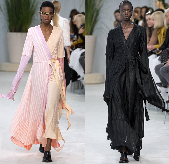 Loewe 2020 Spring Summer Womens Runway Catwalk Looks Collection - Mode à Paris Fashion Week France - Oversized Furisode Poufy Sleeves Cape Pointed Collar Chantilly Guipure Marguerite Lace Embroidery Cutwork Knit Mesh Crochet Sheer Tulle Chiffon Dress Gown Ribbon Victorian Ruffled Neck Trenchdress Robe Stripes Pleats Fringes Flare Wide Leg Pants Trompe L'oeil Flowers Floral Silk Satin Crop Top Midriff Cardigan Blouse Straps Handbag Tote Boots