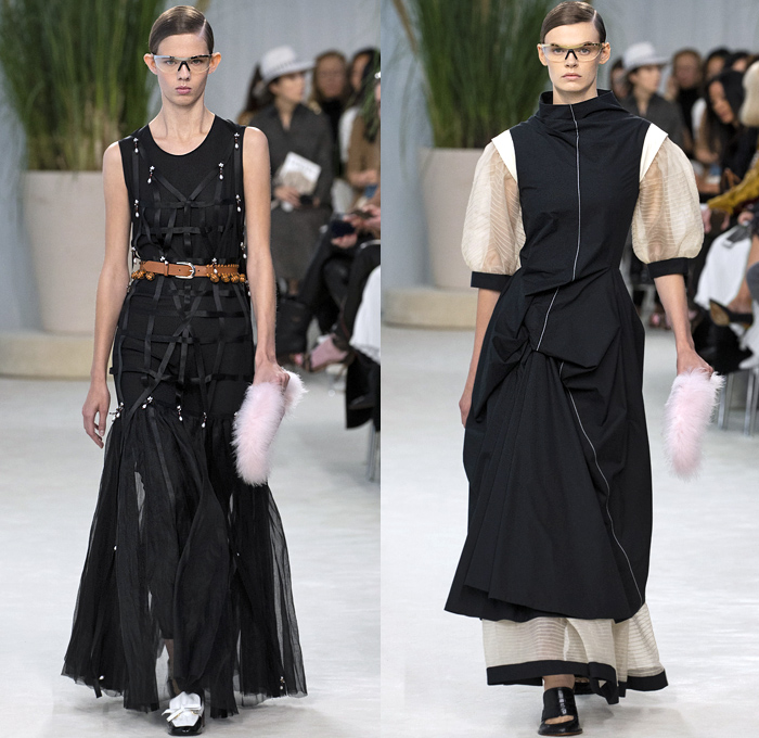 Loewe 2020 Spring Summer Womens Runway Catwalk Looks Collection - Mode à Paris Fashion Week France - Oversized Furisode Poufy Sleeves Cape Pointed Collar Chantilly Guipure Marguerite Lace Embroidery Cutwork Knit Mesh Crochet Sheer Tulle Chiffon Dress Gown Ribbon Victorian Ruffled Neck Trenchdress Robe Stripes Pleats Fringes Flare Wide Leg Pants Trompe L'oeil Flowers Floral Silk Satin Crop Top Midriff Cardigan Blouse Straps Handbag Tote Boots