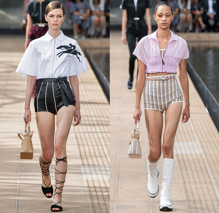 Longchamp 2020 Spring Summer Womens Runway Catwalk Looks Collection Sophie Delafontaine - New York Fashion Week NYFW - Sporty Wide Sleeve Blouse Cinch Accordion Pleats Crop Top Midriff Stripes Onesie Romper Combishorts Jumpsuit Coveralls Kimono Blazer Sheer Chiffon Tulle Trackwear Strapless Colorblock Shirtdress Draped Angular Hem Trompe L'oeil Flowers Floral Embroidery Needlework Hotpants Miniskirt Dress Gladiator Sock Stocking Boot Sneaker Hybrid Handbag Micro Mini Bag