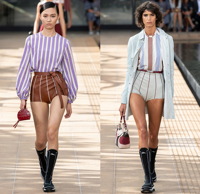 Longchamp 2020 Spring Summer Womens Runway Catwalk Looks Collection Sophie Delafontaine - New York Fashion Week NYFW - Sporty Wide Sleeve Blouse Cinch Accordion Pleats Crop Top Midriff Stripes Onesie Romper Combishorts Jumpsuit Coveralls Kimono Blazer Sheer Chiffon Tulle Trackwear Strapless Colorblock Shirtdress Draped Angular Hem Trompe L'oeil Flowers Floral Embroidery Needlework Hotpants Miniskirt Dress Gladiator Sock Stocking Boot Sneaker Hybrid Handbag Micro Mini Bag