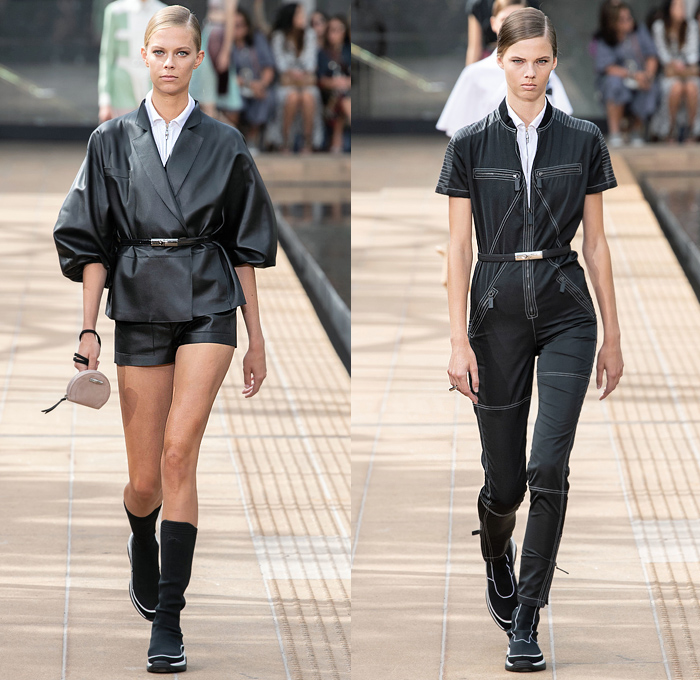 Longchamp 2020 Spring Summer Womens Runway Catwalk Looks Collection Sophie Delafontaine - New York Fashion Week NYFW - Sporty Wide Sleeve Blouse Cinch Accordion Pleats Crop Top Midriff Stripes Onesie Romper Combishorts Jumpsuit Coveralls Kimono Blazer Sheer Chiffon Tulle Trackwear Strapless Colorblock Shirtdress Draped Angular Hem Trompe L'oeil Flowers Floral Embroidery Needlework Hotpants Miniskirt Dress Gladiator Sock Stocking Boot Sneaker Hybrid Handbag Micro Mini Bag