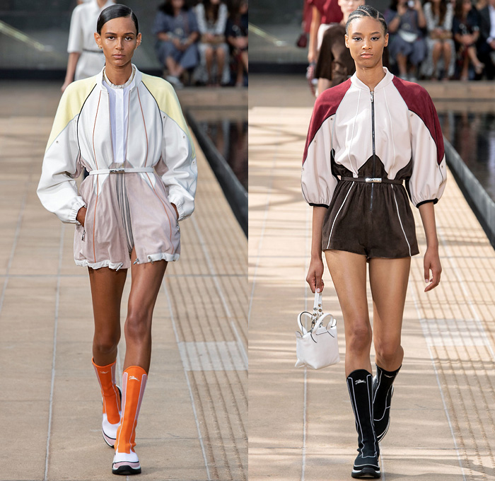 Longchamp 2020 Spring Summer Womens Runway Catwalk Looks Collection Sophie Delafontaine - New York Fashion Week NYFW - Sporty Wide Sleeve Blouse Cinch Accordion Pleats Crop Top Midriff Stripes Onesie Romper Combishorts Jumpsuit Coveralls Kimono Blazer Sheer Chiffon Tulle Trackwear Strapless Colorblock Shirtdress Draped Angular Hem Trompe L'oeil Flowers Floral Embroidery Needlework Hotpants Miniskirt Dress Gladiator Sock Stocking Boot Sneaker Hybrid Handbag Micro Mini Bag