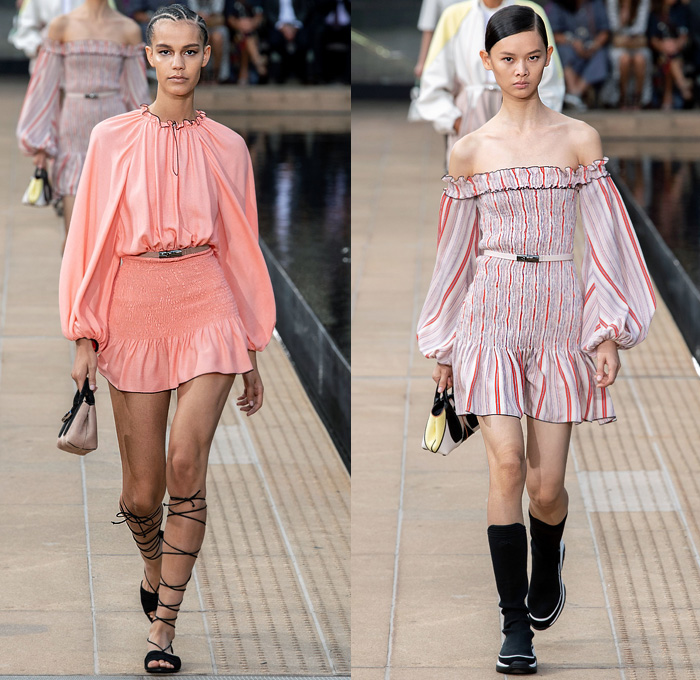 Longchamp 2020 Spring Summer Womens Runway Catwalk Looks Collection Sophie Delafontaine - New York Fashion Week NYFW - Sporty Wide Sleeve Blouse Cinch Accordion Pleats Crop Top Midriff Stripes Onesie Romper Combishorts Jumpsuit Coveralls Kimono Blazer Sheer Chiffon Tulle Trackwear Strapless Colorblock Shirtdress Draped Angular Hem Trompe L'oeil Flowers Floral Embroidery Needlework Hotpants Miniskirt Dress Gladiator Sock Stocking Boot Sneaker Hybrid Handbag Micro Mini Bag