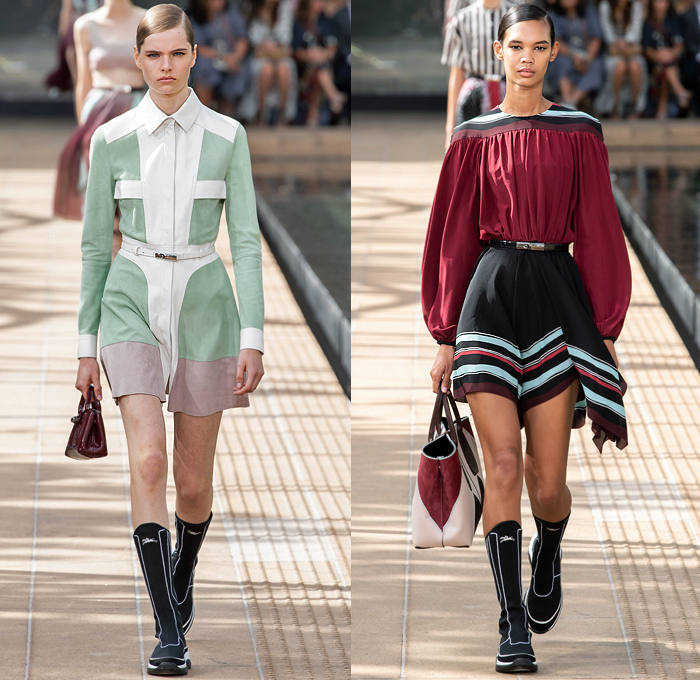 Longchamp 2020 Spring Summer Womens Runway Catwalk Looks Collection Sophie Delafontaine - New York Fashion Week NYFW - Sporty Wide Sleeve Blouse Cinch Accordion Pleats Crop Top Midriff Stripes Onesie Romper Combishorts Jumpsuit Coveralls Kimono Blazer Sheer Chiffon Tulle Trackwear Strapless Colorblock Shirtdress Draped Angular Hem Trompe L'oeil Flowers Floral Embroidery Needlework Hotpants Miniskirt Dress Gladiator Sock Stocking Boot Sneaker Hybrid Handbag Micro Mini Bag