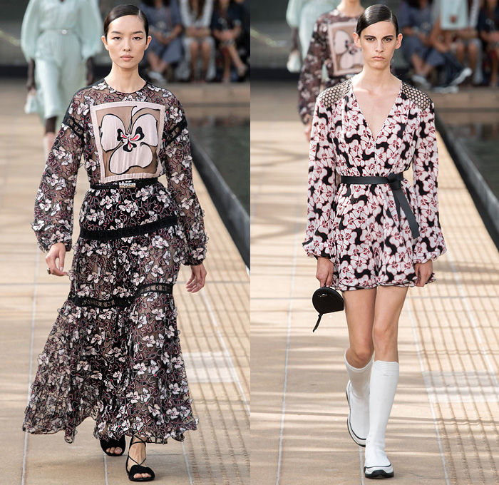 Longchamp 2020 Spring Summer Womens Runway Catwalk Looks Collection Sophie Delafontaine - New York Fashion Week NYFW - Sporty Wide Sleeve Blouse Cinch Accordion Pleats Crop Top Midriff Stripes Onesie Romper Combishorts Jumpsuit Coveralls Kimono Blazer Sheer Chiffon Tulle Trackwear Strapless Colorblock Shirtdress Draped Angular Hem Trompe L'oeil Flowers Floral Embroidery Needlework Hotpants Miniskirt Dress Gladiator Sock Stocking Boot Sneaker Hybrid Handbag Micro Mini Bag