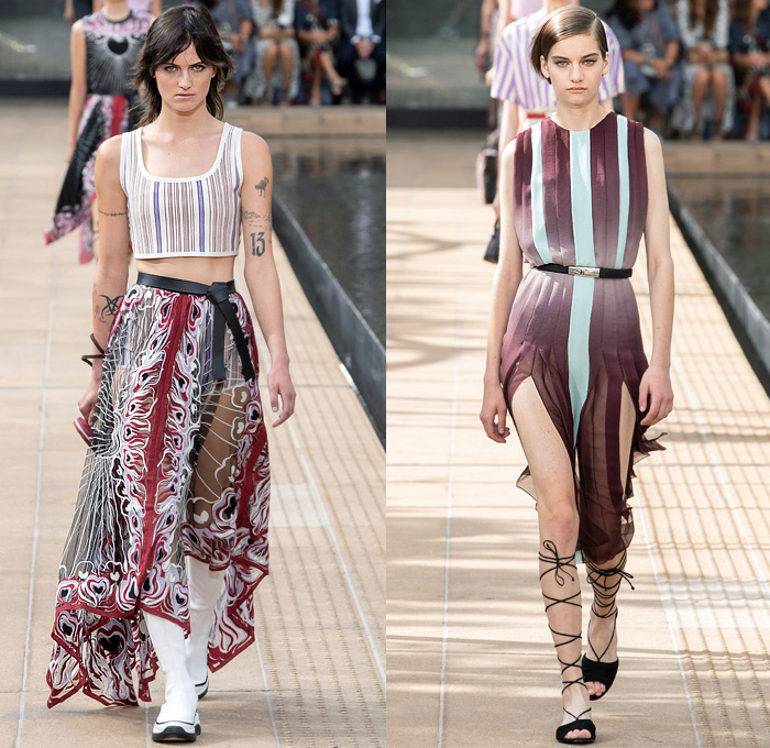 Longchamp 2020 Spring Summer Womens Runway Catwalk Looks Collection Sophie Delafontaine - New York Fashion Week NYFW - Sporty Wide Sleeve Blouse Cinch Accordion Pleats Crop Top Midriff Stripes Onesie Romper Combishorts Jumpsuit Coveralls Kimono Blazer Sheer Chiffon Tulle Trackwear Strapless Colorblock Shirtdress Draped Angular Hem Trompe L'oeil Flowers Floral Embroidery Needlework Hotpants Miniskirt Dress Gladiator Sock Stocking Boot Sneaker Hybrid Handbag Micro Mini Bag