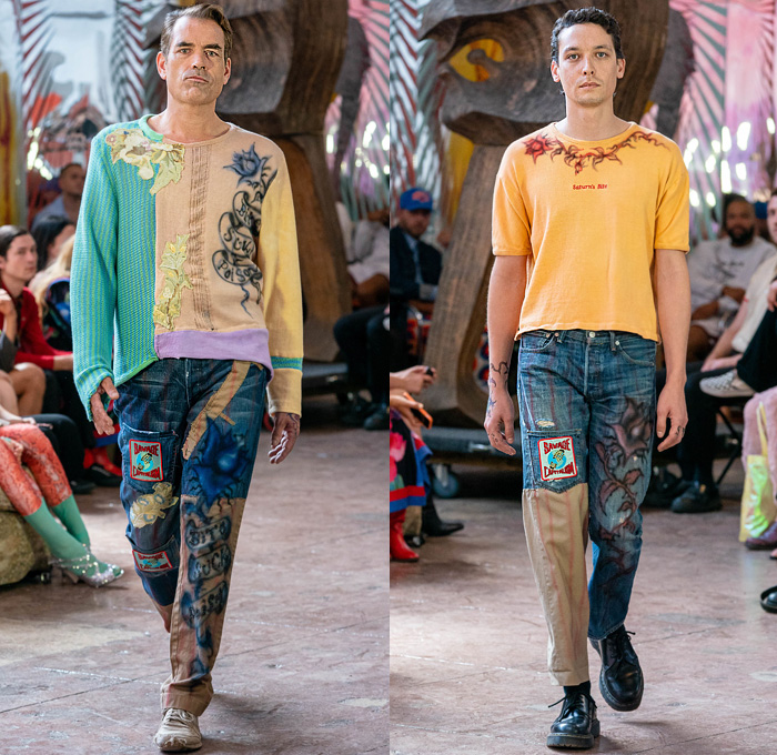 Lou Dallas 2020 Spring Summer Mens Runway Catwalk Looks Collection Raffaella Hanley - New York Fashion Week NYFW - Patchwork Knit Sweater Combo Panel Air Brush Rose Spray Paint Flowers Floral Embroidery Stripes Patches Shirt Denim Jeans