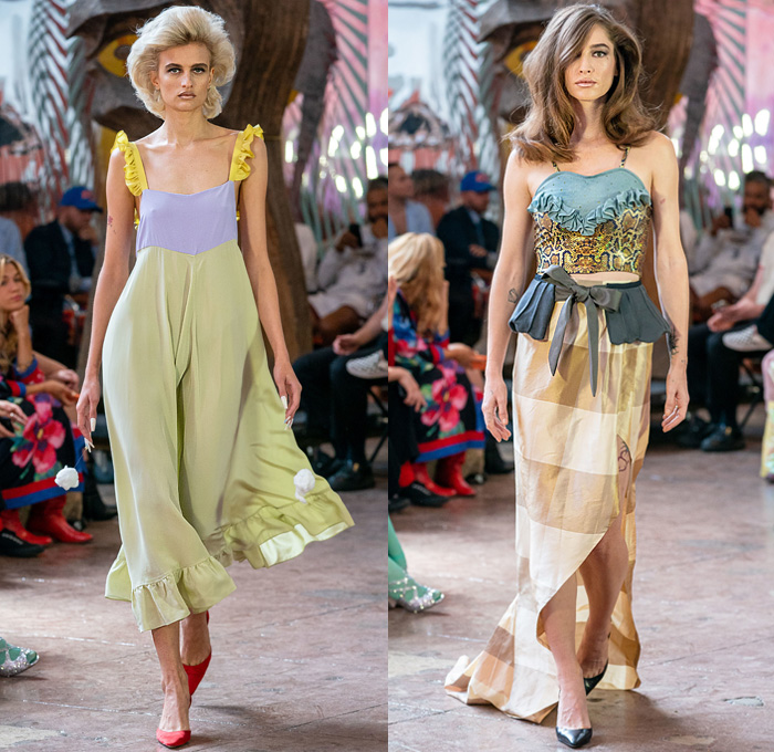 Lou Dallas 2020 Spring Summer Womens Runway Catwalk Looks Collection Raffaella Hanley - New York Fashion Week NYFW - Crop Top Midriff Blouse Ruffles Colorblock Flowers Floral Embroidery Knit Crochet Cardigan Sweater Jagged Neckline Bedazzled Gemstones Swarovski Crystals Buttons Satin Snakeskin Fur Sleeves Hive Pattern Halterneck Dress Ribbon Check Plaid Poufy Shoulders Peacoat Air Brush Rose High Waist Patchwork Denim Jeans Spray Paint Thigh HIgh Tights Leggi