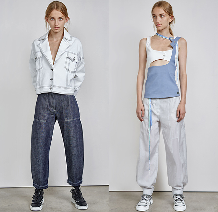 Malloni 2020 Spring Summer Womens Lookbook Presentation - Crop Top Buttons Tied Wrap Straps Athleisure Trackwear Sporty Nylon Cargo Pockets Rainwear Parka Anorak Drawstring Asymmetrical Pleats Cinch Pantsuit Frayed Onesie Jumpsuit Draped Dress Sheen Coat Noodle Strap Open Back Halterneck Cutout Shoulders Wrinkles Creases Fanny Pack Belt Waist Pouch Bum Bag Fishnet Handbag Denim Jeans Wide Leg Pants High Tops Sneakers Kitten Heels