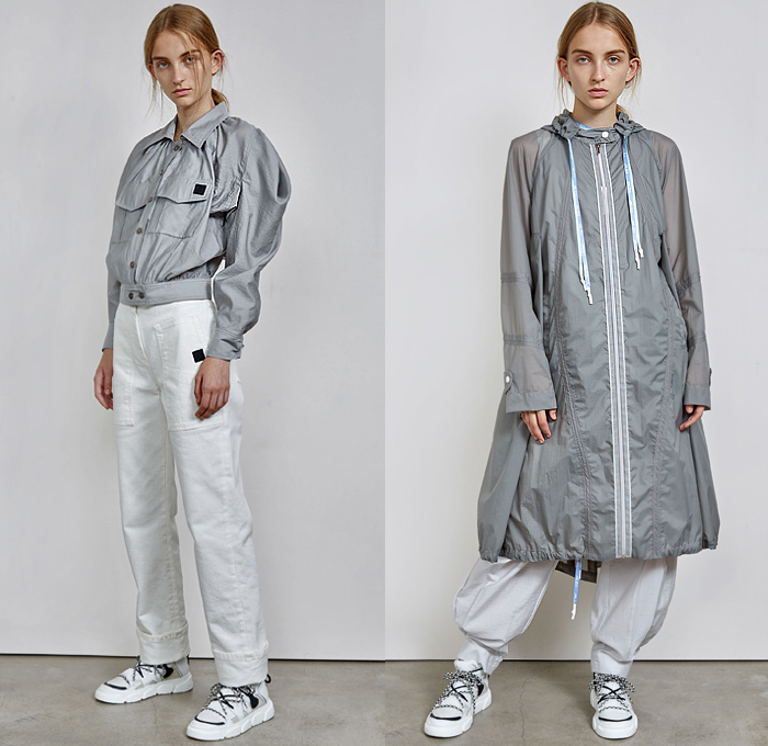 Malloni 2020 Spring Summer Womens Lookbook Presentation - Crop Top Buttons Tied Wrap Straps Athleisure Trackwear Sporty Nylon Cargo Pockets Rainwear Parka Anorak Drawstring Asymmetrical Pleats Cinch Pantsuit Frayed Onesie Jumpsuit Draped Dress Sheen Coat Noodle Strap Open Back Halterneck Cutout Shoulders Wrinkles Creases Fanny Pack Belt Waist Pouch Bum Bag Fishnet Handbag Denim Jeans Wide Leg Pants High Tops Sneakers Kitten Heels