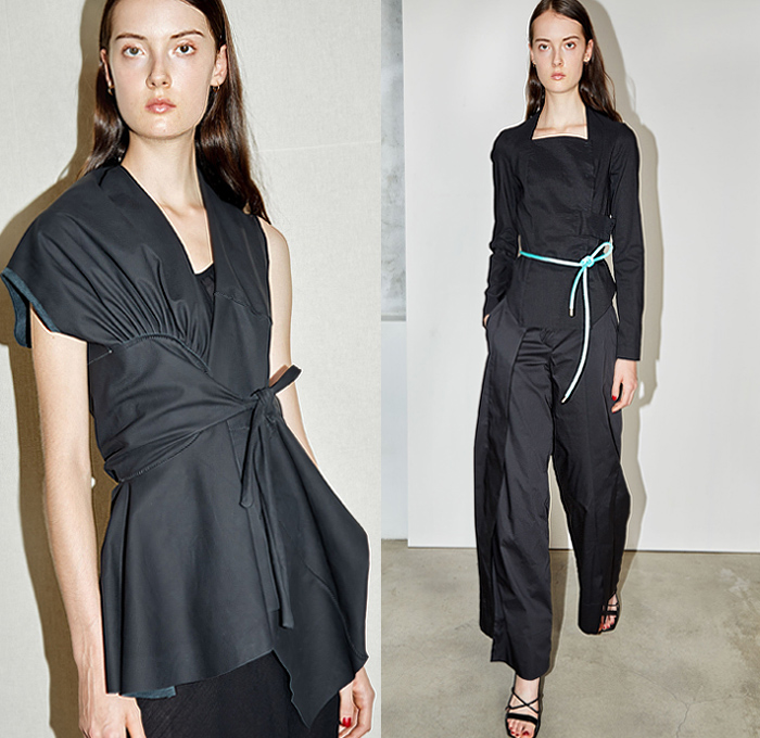 Malloni 2020 Spring Summer Womens Lookbook Presentation - Crop Top Buttons Tied Wrap Straps Athleisure Trackwear Sporty Nylon Cargo Pockets Rainwear Parka Anorak Drawstring Asymmetrical Pleats Cinch Pantsuit Frayed Onesie Jumpsuit Draped Dress Sheen Coat Noodle Strap Open Back Halterneck Cutout Shoulders Wrinkles Creases Fanny Pack Belt Waist Pouch Bum Bag Fishnet Handbag Denim Jeans Wide Leg Pants High Tops Sneakers Kitten Heels