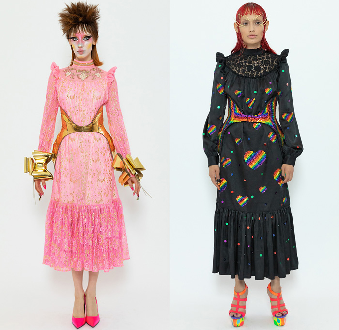 Manish Arora 2020 Spring Summer Womens Lookbook Presentation - Mode à Paris Fashion Week France - Bedazzled Sequins Pearls Beads Lace Embroidery Trompe L'oeil Metallic Pussycat Bow Corset Ruffles Dress Hearts Eye Tropical Palm Trees Animals Zebra Panda Unicorn Peacock Butterflies Decorative Art Fishnet Fringes Stripes Dots Denim Jeans Blouse Bomber Jacket Onesie Jumpsuit Coveralls Wide Leg Long Skirt Feathers Cargo Pockets Smiley Face Crossbody Bag Mask