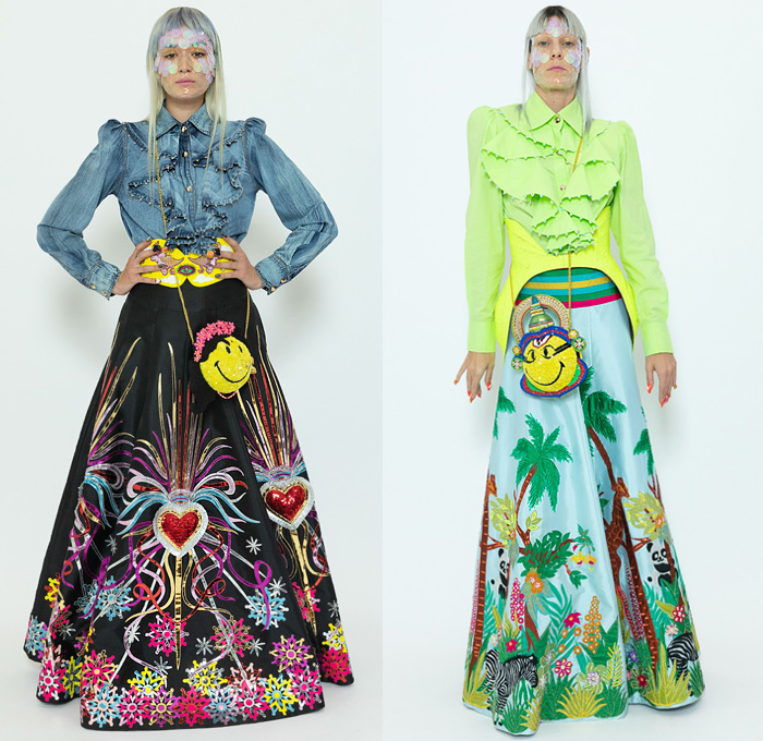 Manish Arora 2020 Spring Summer Womens Lookbook Presentation - Mode à Paris Fashion Week France - Bedazzled Sequins Pearls Beads Lace Embroidery Trompe L'oeil Metallic Pussycat Bow Corset Ruffles Dress Hearts Eye Tropical Palm Trees Animals Zebra Panda Unicorn Peacock Butterflies Decorative Art Fishnet Fringes Stripes Dots Denim Jeans Blouse Bomber Jacket Onesie Jumpsuit Coveralls Wide Leg Long Skirt Feathers Cargo Pockets Smiley Face Crossbody Bag Mask