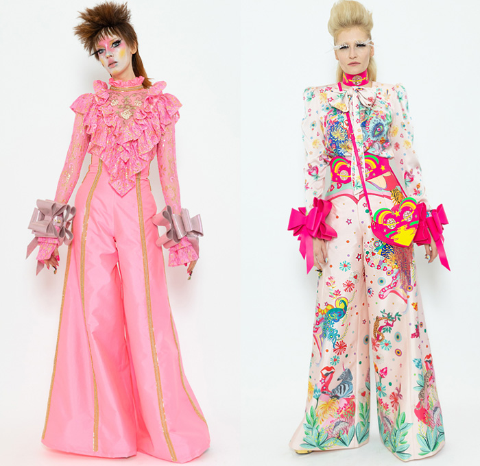 Manish Arora 2020 Spring Summer Womens Lookbook Presentation - Mode à Paris Fashion Week France - Bedazzled Sequins Pearls Beads Lace Embroidery Trompe L'oeil Metallic Pussycat Bow Corset Ruffles Dress Hearts Eye Tropical Palm Trees Animals Zebra Panda Unicorn Peacock Butterflies Decorative Art Fishnet Fringes Stripes Dots Denim Jeans Blouse Bomber Jacket Onesie Jumpsuit Coveralls Wide Leg Long Skirt Feathers Cargo Pockets Smiley Face Crossbody Bag Mask