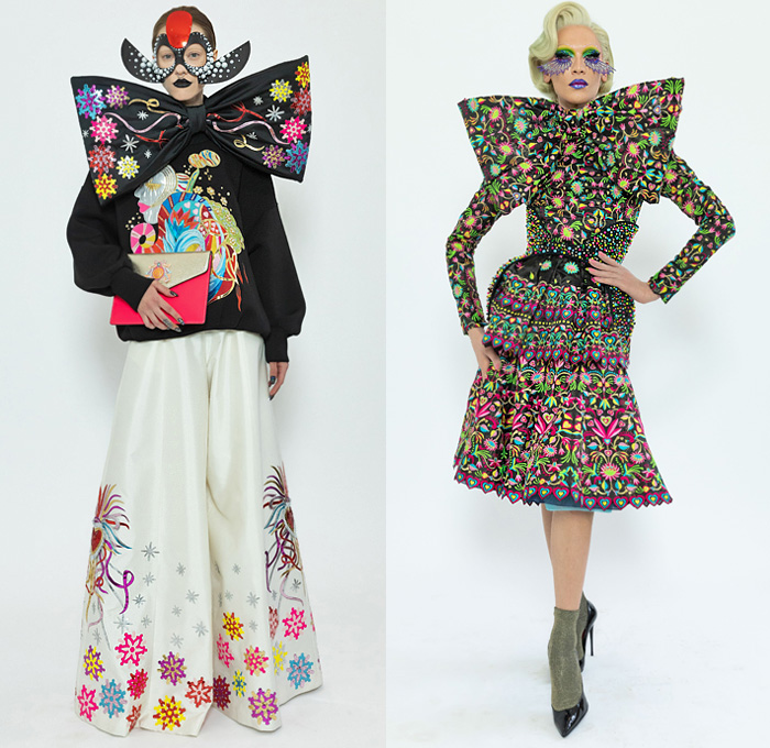 Manish Arora 2020 Spring Summer Womens Lookbook Presentation - Mode à Paris Fashion Week France - Bedazzled Sequins Pearls Beads Lace Embroidery Trompe L'oeil Metallic Pussycat Bow Corset Ruffles Dress Hearts Eye Tropical Palm Trees Animals Zebra Panda Unicorn Peacock Butterflies Decorative Art Fishnet Fringes Stripes Dots Denim Jeans Blouse Bomber Jacket Onesie Jumpsuit Coveralls Wide Leg Long Skirt Feathers Cargo Pockets Smiley Face Crossbody Bag Mask