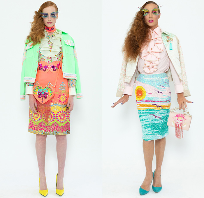 Manish Arora 2020 Spring Summer Womens Lookbook Presentation - Mode à Paris Fashion Week France - Bedazzled Sequins Pearls Beads Lace Embroidery Trompe L'oeil Metallic Pussycat Bow Corset Ruffles Dress Hearts Eye Tropical Palm Trees Animals Zebra Panda Unicorn Peacock Butterflies Decorative Art Fishnet Fringes Stripes Dots Denim Jeans Blouse Bomber Jacket Onesie Jumpsuit Coveralls Wide Leg Long Skirt Feathers Cargo Pockets Smiley Face Crossbody Bag Mask
