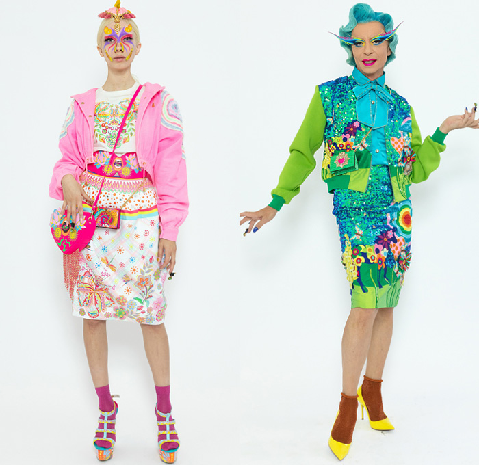 Manish Arora 2020 Spring Summer Womens Lookbook Presentation - Mode à Paris Fashion Week France - Bedazzled Sequins Pearls Beads Lace Embroidery Trompe L'oeil Metallic Pussycat Bow Corset Ruffles Dress Hearts Eye Tropical Palm Trees Animals Zebra Panda Unicorn Peacock Butterflies Decorative Art Fishnet Fringes Stripes Dots Denim Jeans Blouse Bomber Jacket Onesie Jumpsuit Coveralls Wide Leg Long Skirt Feathers Cargo Pockets Smiley Face Crossbody Bag Mask