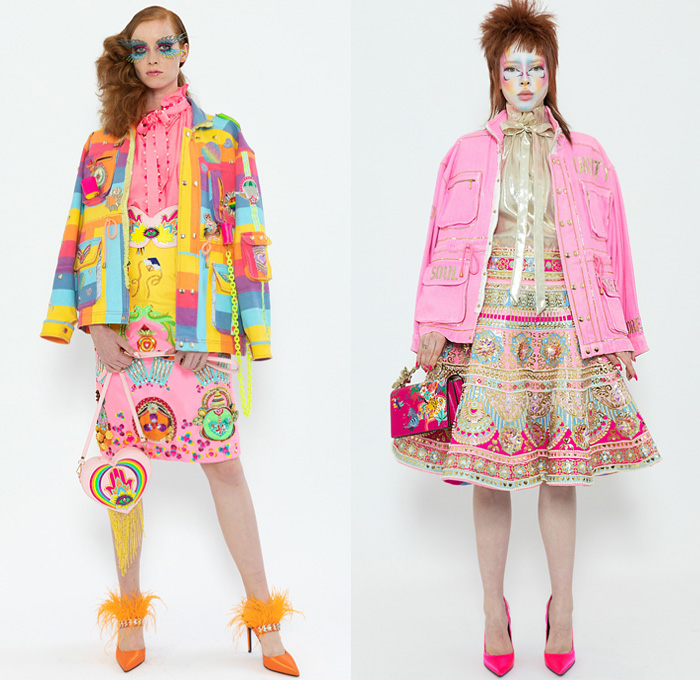 Manish Arora 2020 Spring Summer Womens Lookbook Presentation - Mode à Paris Fashion Week France - Bedazzled Sequins Pearls Beads Lace Embroidery Trompe L'oeil Metallic Pussycat Bow Corset Ruffles Dress Hearts Eye Tropical Palm Trees Animals Zebra Panda Unicorn Peacock Butterflies Decorative Art Fishnet Fringes Stripes Dots Denim Jeans Blouse Bomber Jacket Onesie Jumpsuit Coveralls Wide Leg Long Skirt Feathers Cargo Pockets Smiley Face Crossbody Bag Mask