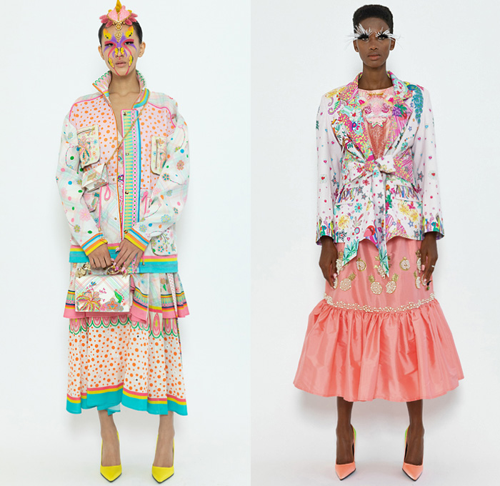 Manish Arora 2020 Spring Summer Womens Lookbook Presentation - Mode à Paris Fashion Week France - Bedazzled Sequins Pearls Beads Lace Embroidery Trompe L'oeil Metallic Pussycat Bow Corset Ruffles Dress Hearts Eye Tropical Palm Trees Animals Zebra Panda Unicorn Peacock Butterflies Decorative Art Fishnet Fringes Stripes Dots Denim Jeans Blouse Bomber Jacket Onesie Jumpsuit Coveralls Wide Leg Long Skirt Feathers Cargo Pockets Smiley Face Crossbody Bag Mask