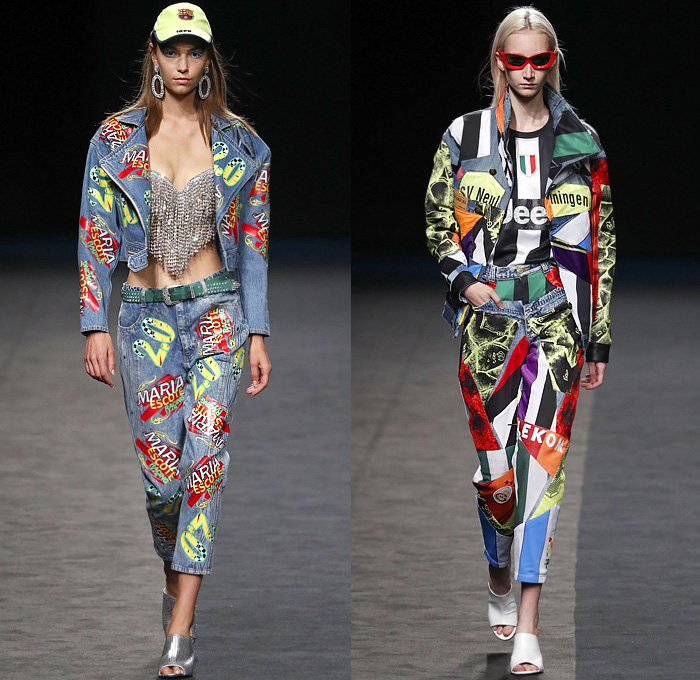 Maria Escoté 2020 Spring Summer Womens Runway Catwalk Looks Collection - Mercedes-Benz Fashion Week Madrid Spain - Racing Team Biker Rider Moto Pants Denim Jeans Patchwork Bedazzled Embroidery Crystals Gems Trinkets Flowers Floral Fringes Poufy Shoulders Brocade Jacquard Hoodie Shawl Gold Metallic Ruffles Leopard Leggings Tights Miniskirt Wrap Strapless Dress Bow Noodle Strap Polka Dots Opera Gloves Lace Sheer Tulle Veil Silk Satin Gown Cowgirl Hat Thigh High Boots Gladiator