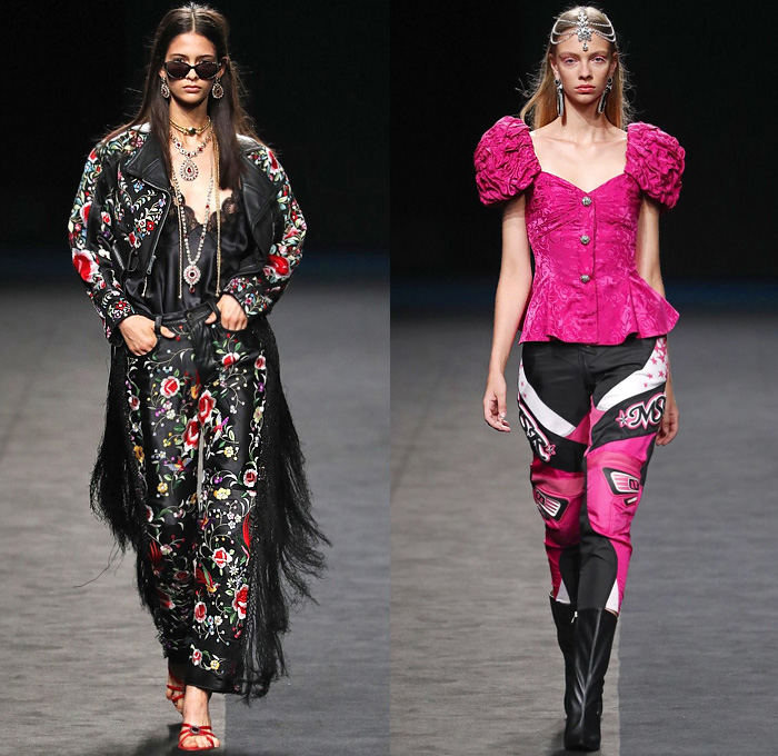 Maria Escoté 2020 Spring Summer Womens Runway Catwalk Looks Collection - Mercedes-Benz Fashion Week Madrid Spain - Racing Team Biker Rider Moto Pants Denim Jeans Patchwork Bedazzled Embroidery Crystals Gems Trinkets Flowers Floral Fringes Poufy Shoulders Brocade Jacquard Hoodie Shawl Gold Metallic Ruffles Leopard Leggings Tights Miniskirt Wrap Strapless Dress Bow Noodle Strap Polka Dots Opera Gloves Lace Sheer Tulle Veil Silk Satin Gown Cowgirl Hat Thigh High Boots Gladiator