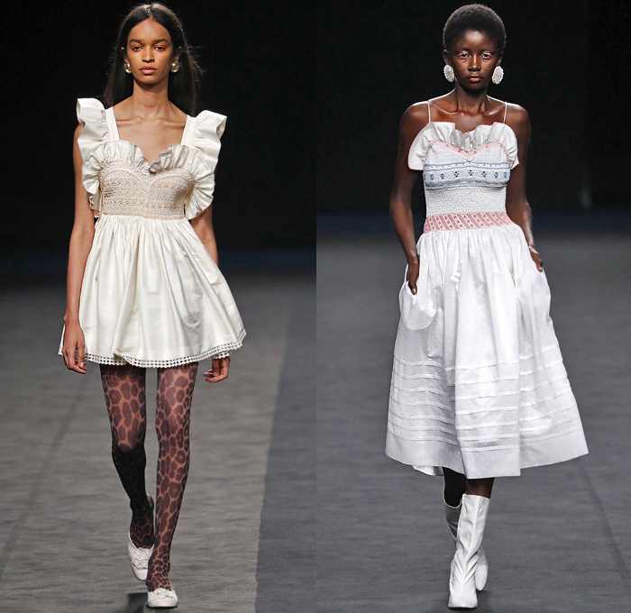 Maria Escoté 2020 Spring Summer Womens Runway Catwalk Looks Collection - Mercedes-Benz Fashion Week Madrid Spain - Racing Team Biker Rider Moto Pants Denim Jeans Patchwork Bedazzled Embroidery Crystals Gems Trinkets Flowers Floral Fringes Poufy Shoulders Brocade Jacquard Hoodie Shawl Gold Metallic Ruffles Leopard Leggings Tights Miniskirt Wrap Strapless Dress Bow Noodle Strap Polka Dots Opera Gloves Lace Sheer Tulle Veil Silk Satin Gown Cowgirl Hat Thigh High Boots Gladiator