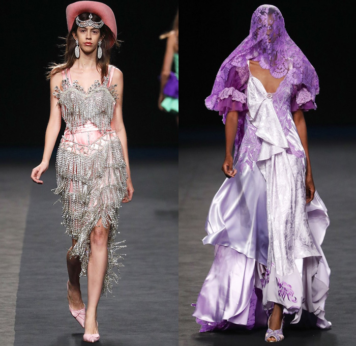 Maria Escoté 2020 Spring Summer Womens Runway Catwalk Looks Collection - Mercedes-Benz Fashion Week Madrid Spain - Racing Team Biker Rider Moto Pants Denim Jeans Patchwork Bedazzled Embroidery Crystals Gems Trinkets Flowers Floral Fringes Poufy Shoulders Brocade Jacquard Hoodie Shawl Gold Metallic Ruffles Leopard Leggings Tights Miniskirt Wrap Strapless Dress Bow Noodle Strap Polka Dots Opera Gloves Lace Sheer Tulle Veil Silk Satin Gown Cowgirl Hat Thigh High Boots Gladiator