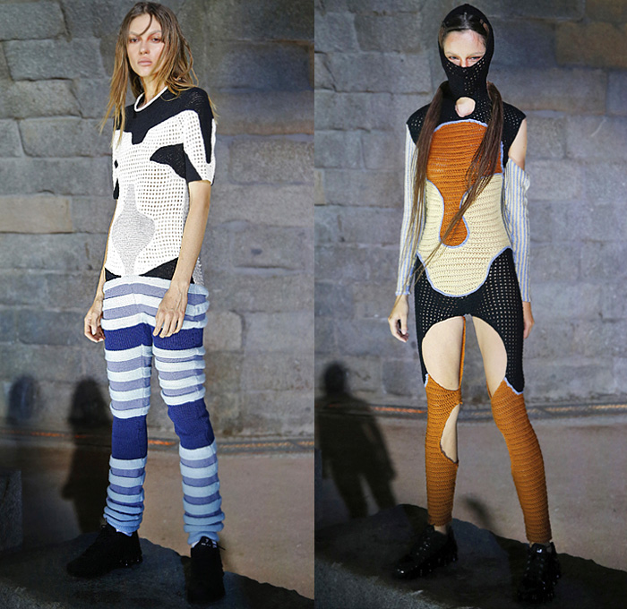 Maria Ke Fisherman 2020 Spring Summer Womens Lookbook Presentation - Mercedes-Benz Fashion Week Madrid Spain - Athleisure Athleticwear Sportswear Knit Crochet Weave Bandages Mesh Perforated Holes Onesie Jumpsuit Coveralls Crop Top Midriff Turtleneck Chaps Leg Warmers Hoodie Stripes Colorblock Cutout Halterneck High Slit Strapless Combishorts Romper Patchwork Blanket Maxi Dress Trainers 