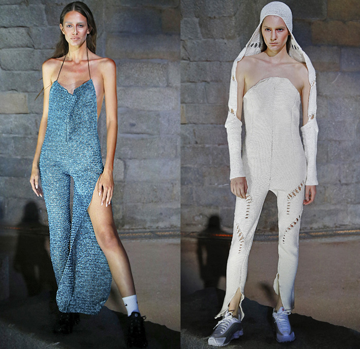 Maria Ke Fisherman 2020 Spring Summer Womens Lookbook Presentation - Mercedes-Benz Fashion Week Madrid Spain - Athleisure Athleticwear Sportswear Knit Crochet Weave Bandages Mesh Perforated Holes Onesie Jumpsuit Coveralls Crop Top Midriff Turtleneck Chaps Leg Warmers Hoodie Stripes Colorblock Cutout Halterneck High Slit Strapless Combishorts Romper Patchwork Blanket Maxi Dress Trainers 